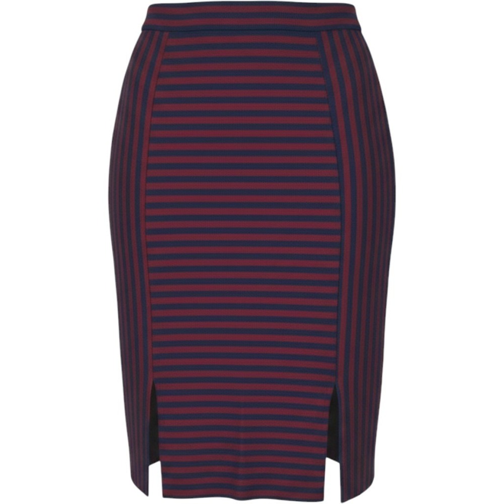 Merona Pencil Skirt Womens 4 Burgundy Navy Blue Striped Front Slits Side Zipper